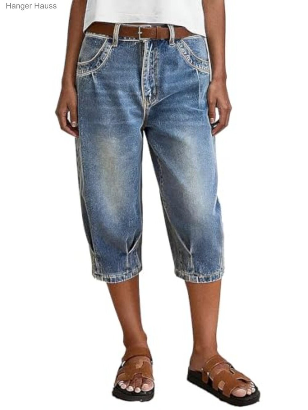 Straight Leg Mid Rise Capri Pleated Jeans for Women Trendy